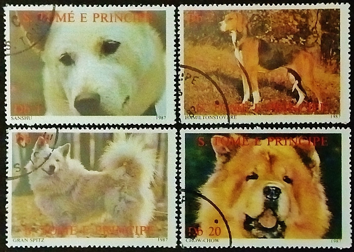 Набор почтовых марок (4 шт.). "Собаки". 1987 год, Сан-Томе и Принсипи.