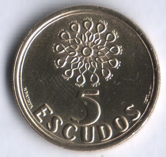 Монета 5 эскудо. 1993 год, Португалия.