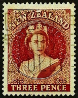 Почтовая марка (3 p.). "Столетие первых новозеландских марок". 1955 год, Новая Зеландия.