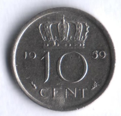 Монета 10 центов. 1959 год, Нидерланды.