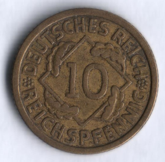 Монета 10 рейхспфеннигов. 1935 год (G), Веймарская республика.