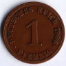 Монета 1 пфенниг. 1908 год (J), Германская империя.