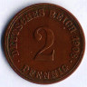 Монета 2 пфеннига. 1908 год (A), Германская империя.