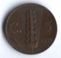 Монета 5 чентезимо. 1928 год, Италия.