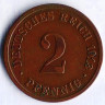 Монета 2 пфеннига. 1913 год (D), Германская империя.