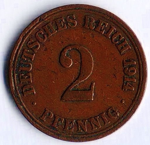 Монета 2 пфеннига. 1914 год (A), Германская империя.