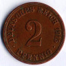 Монета 2 пфеннига. 1915 год (A), Германская империя.