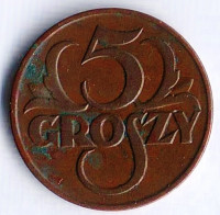Монета 5 грошей. 1925 год, Польша.