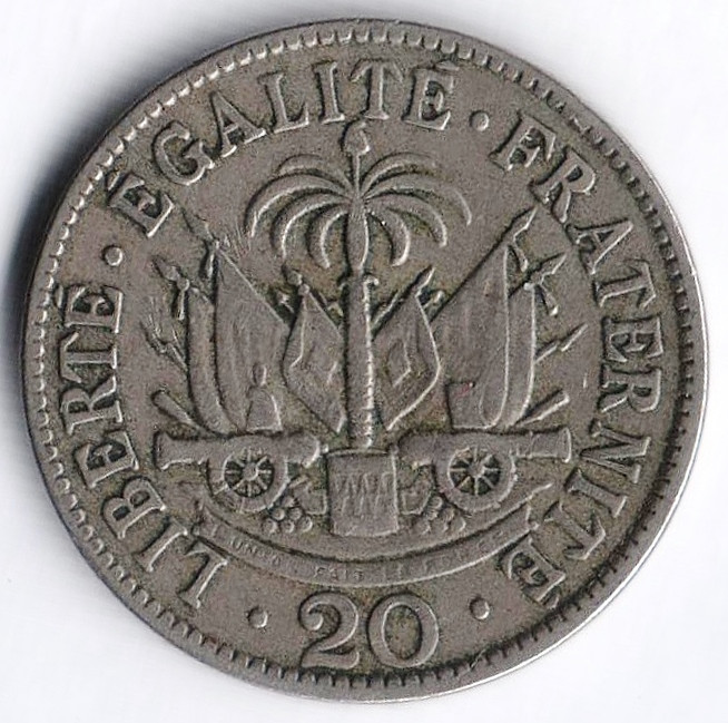 Монета 20 сантимов. 1907 год, Гаити.