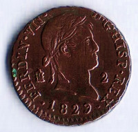 Монета 2 мараведи. 1829 год, Испания.