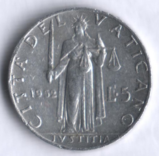 Монета 5 лир. 1952 год, Ватикан.