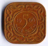 Монета 5 центов. 1966(u) год, Суринам.