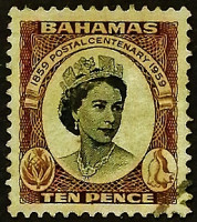 Почтовая марка (10 p.). "Королева Елизавета II". 1959 год, Багамские острова.