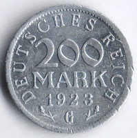 Монета 200 марок. 1923 год (G), Веймарская республика.
