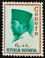 Марка почтовая (6+4 r.). "Президент Сукарно". 1965 год, Индонезия.