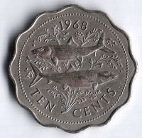 Монета 10 центов. 1968 год, Багамские острова.