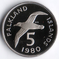 Монета 5 пенсов. 1980 год, Фолклендские острова. Proof.