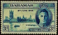 Марка почтовая (3 d.). "Король Георг VI и здание парламента". 1946 год, Багамские острова.