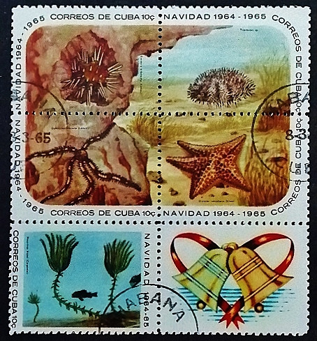 Сцепка марок (5 шт.). "Рождество 1964: Морские обитатели (II)". 1964 год, Куба.