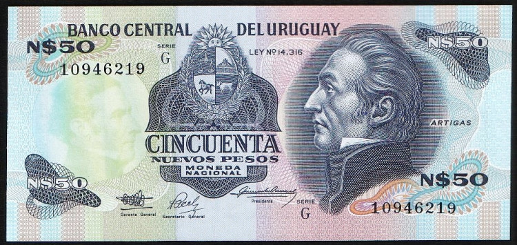 Бона 50 новых песо. 1989 год, Уругвай.