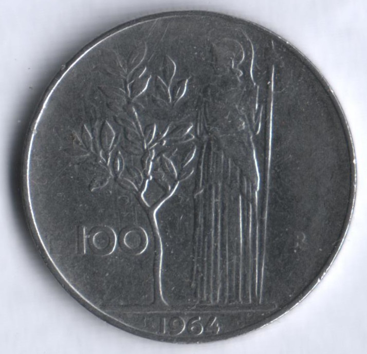 Монета 100 лир. 1964 год, Италия.