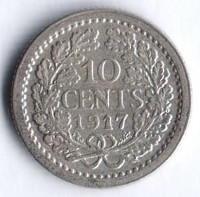 Монета 10 центов. 1917 год, Нидерланды.