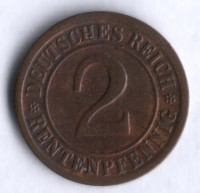Монета 2 рентенпфеннига. 1923 год (G), Веймарская республика.