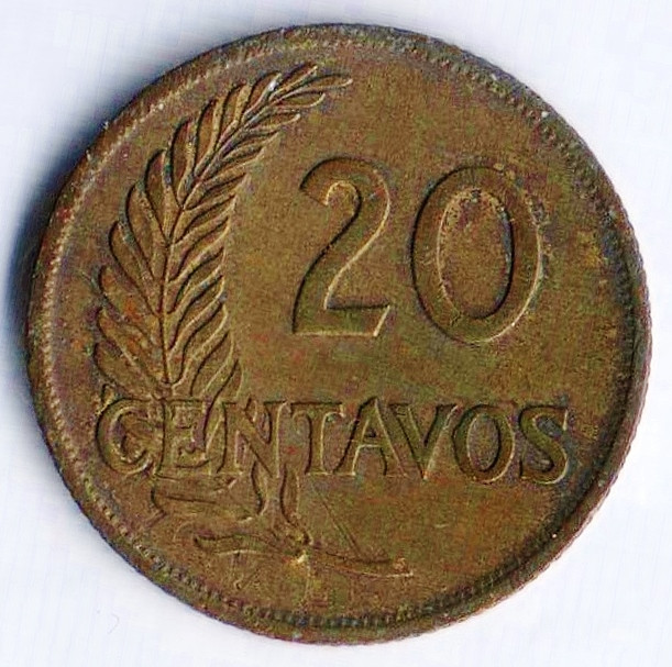 Монета 20 сентаво. 1953 год, Перу.