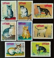 Набор почтовых марок (8 шт.). "Кошки". 1979 год, Вьетнам.