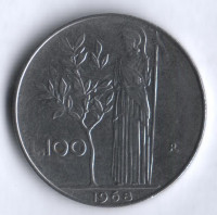 Монета 100 лир. 1968 год, Италия.