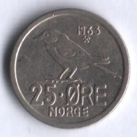 Монета 25 эре. 1963 год, Норвегия.