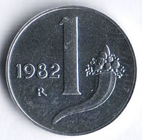 Монета 1 лира. 1982 год, Италия.