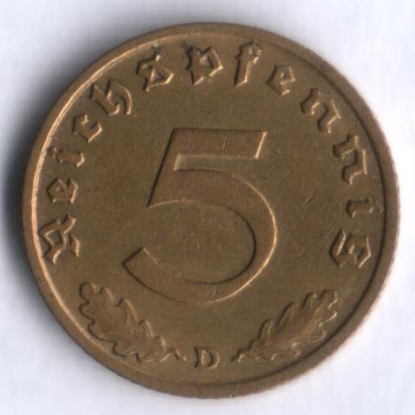 Монета 5 рейхспфеннигов. 1938 год (D), Третий Рейх.