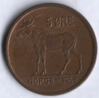 Монета 5 эре. 1968 год, Норвегия.