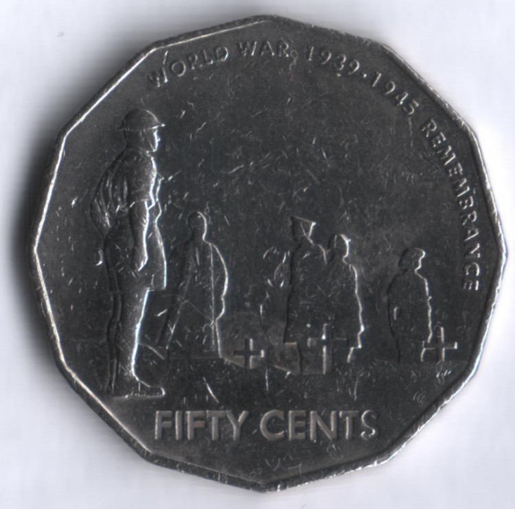 Монета 50 центов. 2005 год, Австралия. 60-летие окончания Второй Мировой войны.