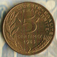 Монета 5 сантимов. 1983 год, Франция.