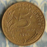 Монета 5 сантимов. 1984 год, Франция.