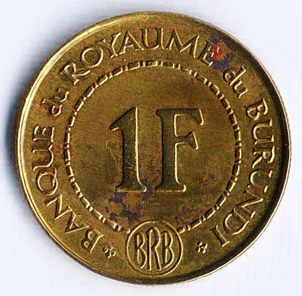 Монета 1 франк. 1965 год, Бурунди.