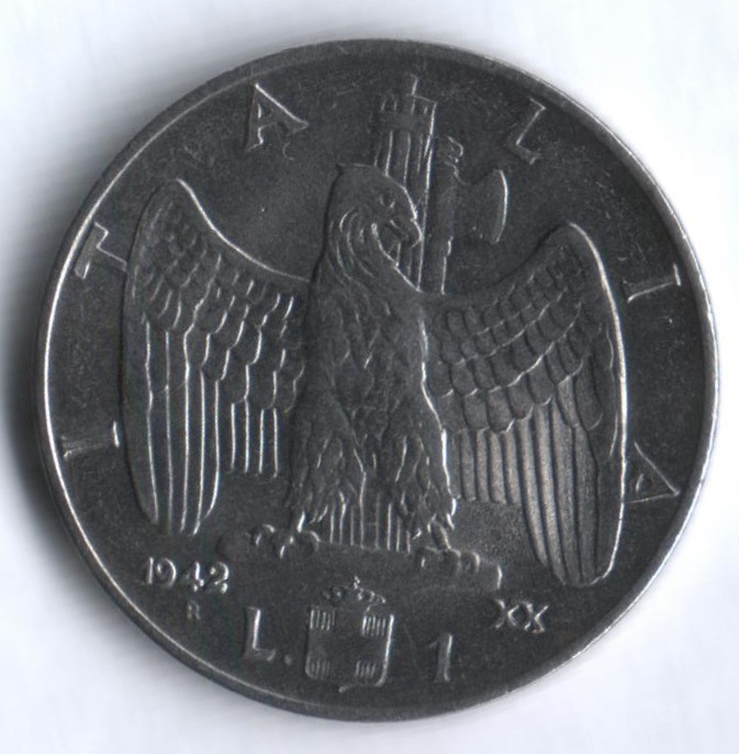 Монета 1 лира. 1942(Yr.XХ) год, Италия. Магнитная.