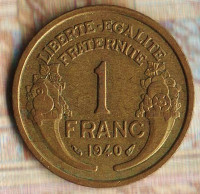Монета 1 франк. 1940 год, Франция.
