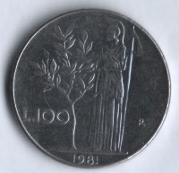 Монета 100 лир. 1981 год, Италия.