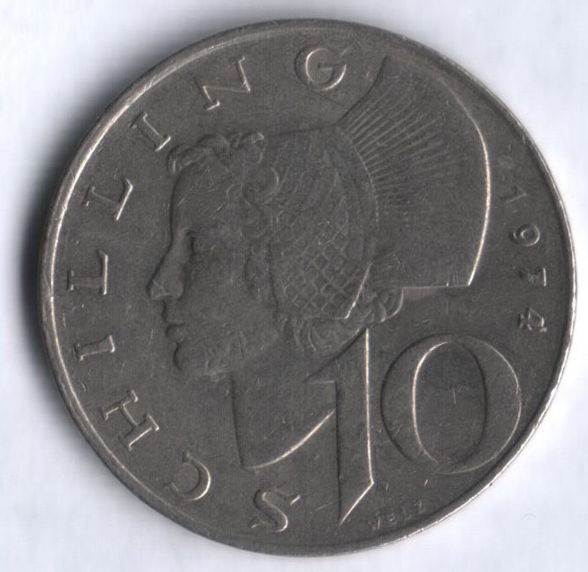Монета 10 шиллингов. 1974 год, Австрия.