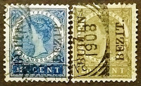 Набор почтовых марок (2 шт.). "Королева Вильгельмина". 1908 год, Нидерландская Ост-Индия.