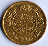 Монета 20 крон. 1996 год, Дания. LG;JP;A.