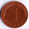 Монета 1 пфенниг. 1966(D) год, ФРГ.