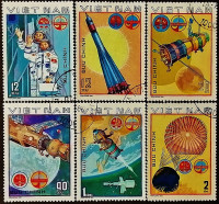 Набор почтовых марок (6 шт.). "Советско-вьетнамский космический полет". 1980 год, Вьетнам.