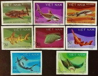 Набор почтовых марок (8 шт.). "Акулы и скаты (II)". 1980 год, Вьетнам.