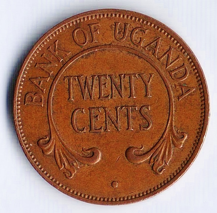 Монета 20 центов. 1966 год, Уганда.
