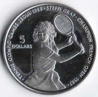 Монета 5 долларов. 1987 год, Ниуэ. Штеффи Граф.