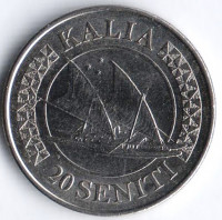 Монета 20 сенити. 2015 год, Тонга.
